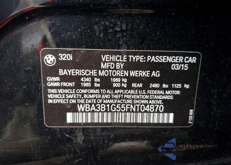 2015 BMW 320 I from USA, damaged, VIN WBA3B1G55FNT04870